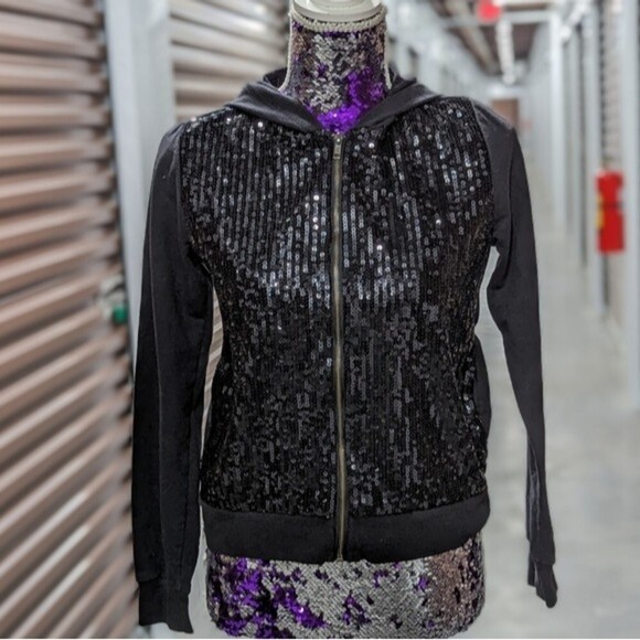 Forever 21 Black Sequins Front Zip Up Hoodie Sweater Jacket - Picture 3 of 10